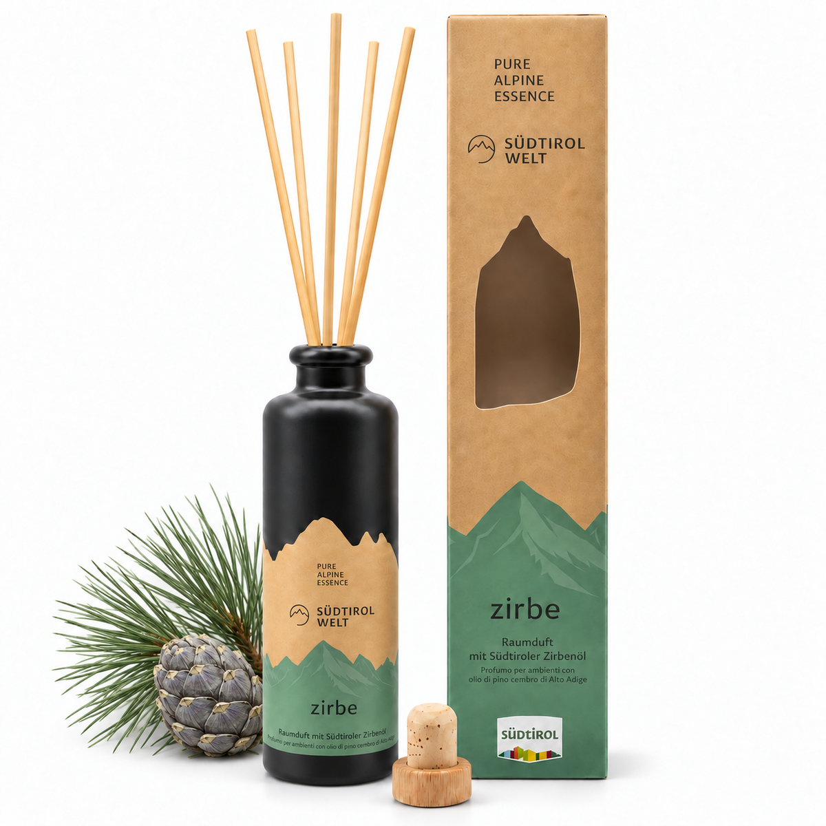 Original product photo of the pine diffuser with reeds and box
