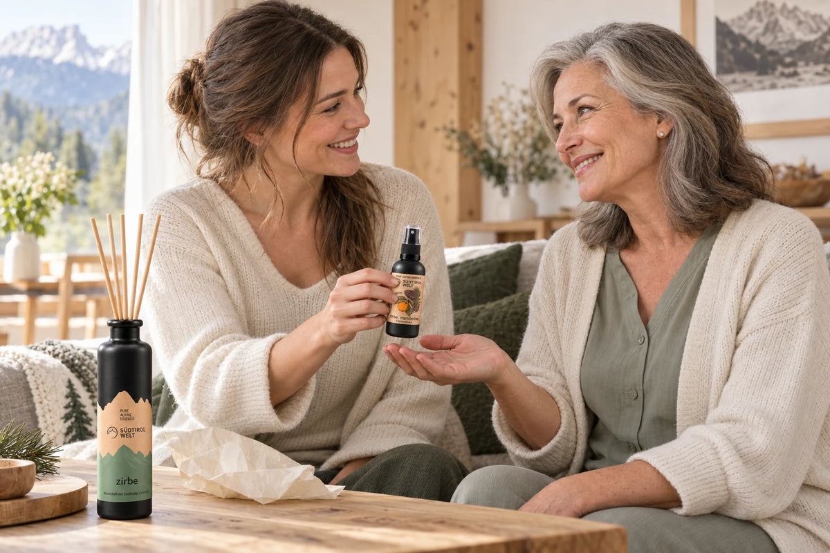 A woman gives her mother a South Tyrolean fragrance product