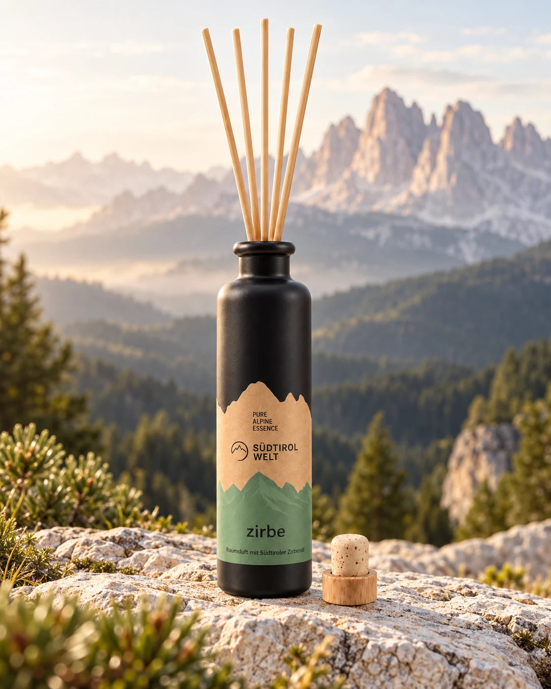Pine diffuser in front of the Dolomites