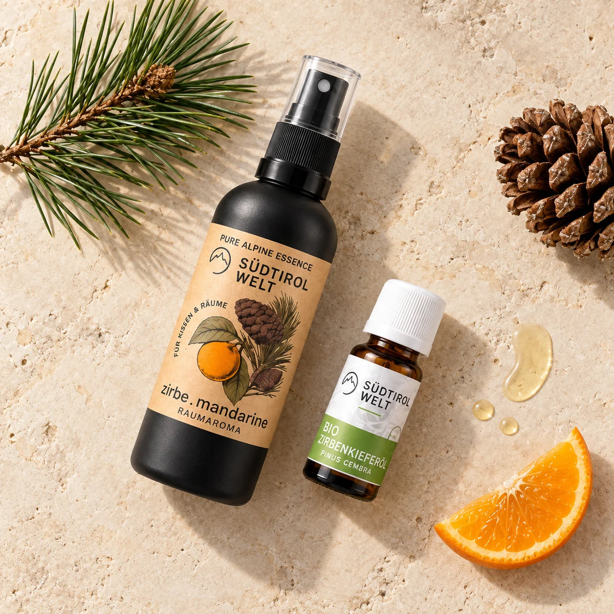 Pine oil and spray with pine needles, cone and mandarin